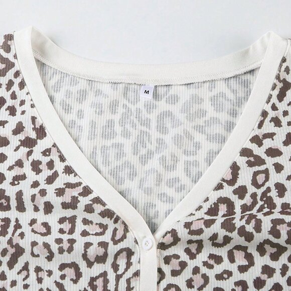 Multicolor Casual Women's Leopard Print Button-Up Long Sleeve T-Shirt - Picture 3 of 3